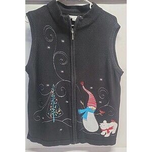 Vtg Christopher & Banks Holiday Snowman Full Zip Vest Knit Black Winterland XL‎